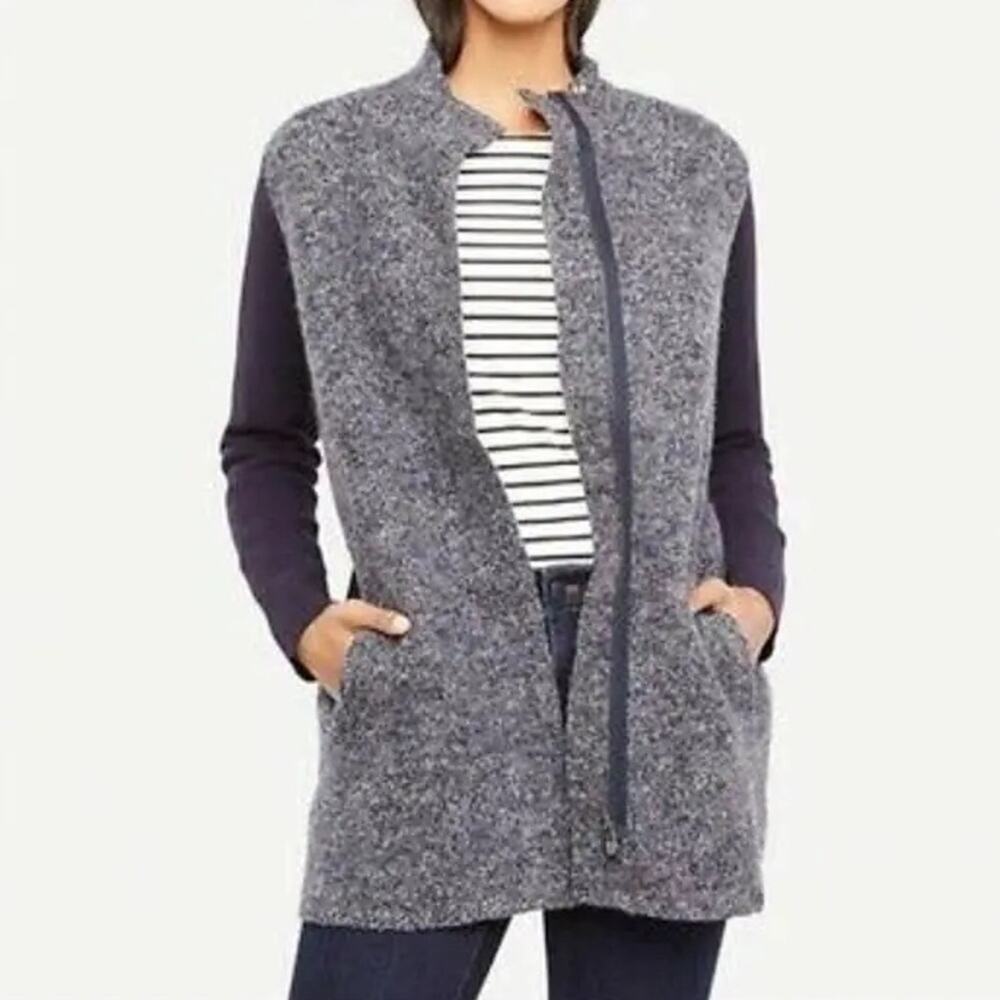 Ann Taylor Merino Wool Paneled Coatigan Navy Blue Fleece Jacket Cardigan Office